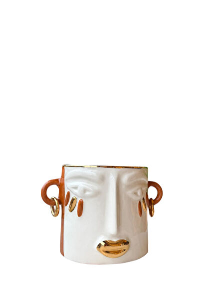 Krem Oturan Boğa Seramik Saksı