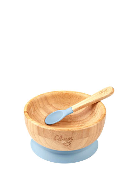 Mavi Vakum Tabanlı Organik Bambu Kase ve Kaşık Seti