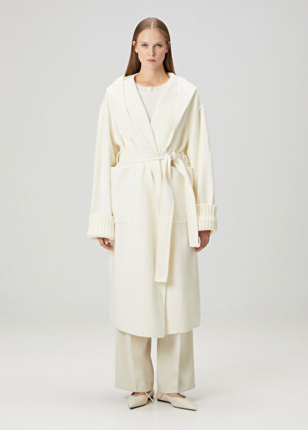 Kemik Kapüşonlu Yün Palto