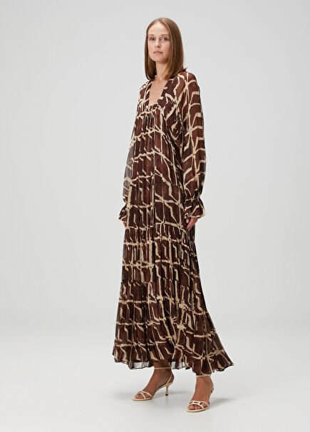 Mykael Kahverengi Desenli Maksi Elbise