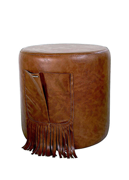 Tan Leather Pocket Cylinder Pouf