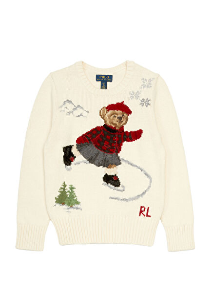 Krem Ayıcık Jakarlı Kız Çocuk Kazak