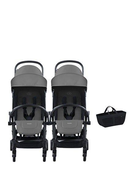 Connect³ Black Grey İkiz Bebek Arabası ve Yan Düzenleyici Çanta Seti