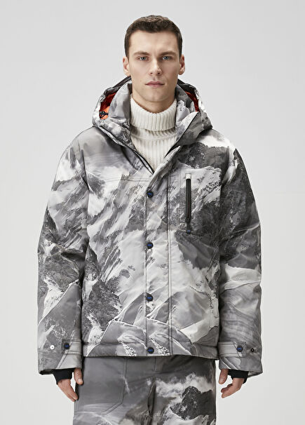 Fildişi Kapüşonlu Desenli Kayak Montu