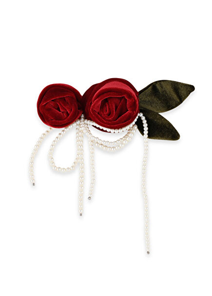 Scarlet Bordo Kadife İncili Kadın Otomatik Toka