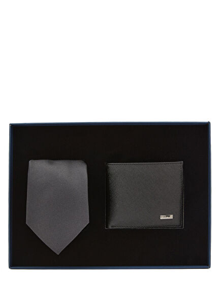 Saffiano Siyah Cüzdan ve Kravat Seti