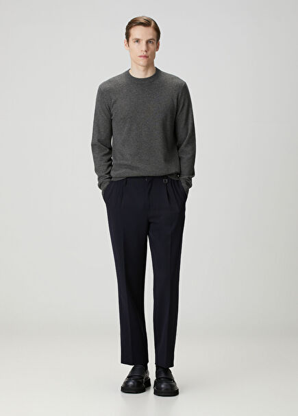 Lacivert Çift Pilili Yün Pantolon