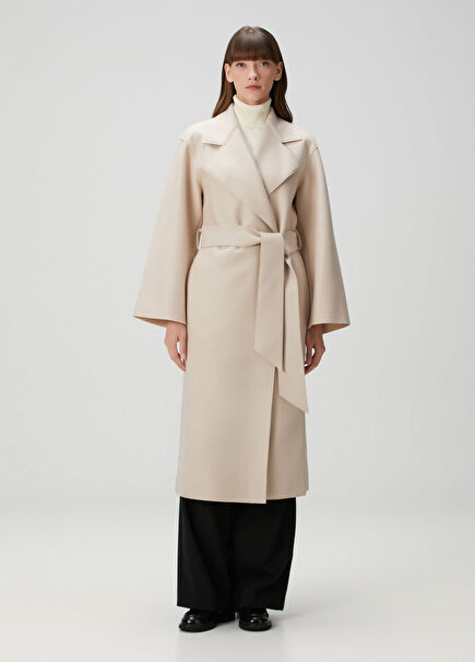 Ecru Waist Belted Wool Coat
