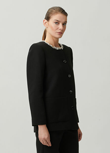 Black Collar Embellished Wool Jacket