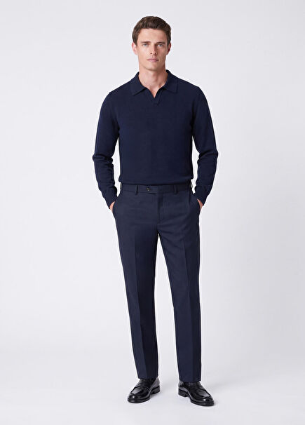 Straight Fit Navy Blue Fine Wool Wool Trousers