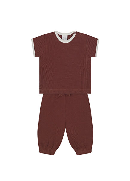 Beyaz Detaylı Kiremit Waffle Kısa Kollu T-Shirt Pantolon Unisex Bebek 2'li Set