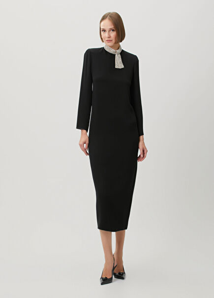 Black Collar Embellished Midi Silk Cocktail Dress