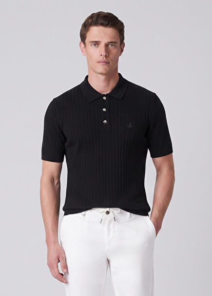 Black Vertical Knit Textured Short Sleeve Sweater