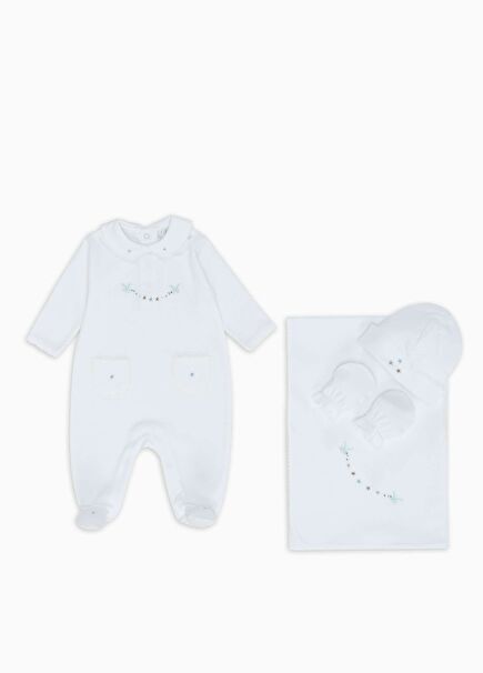 Beyaz Kuş Bakışlı Erkek Bebek 4lü Hediye Seti