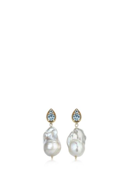 Perla Drova Sky Topaz Stone Pearl 14K Gold Women's Earrings