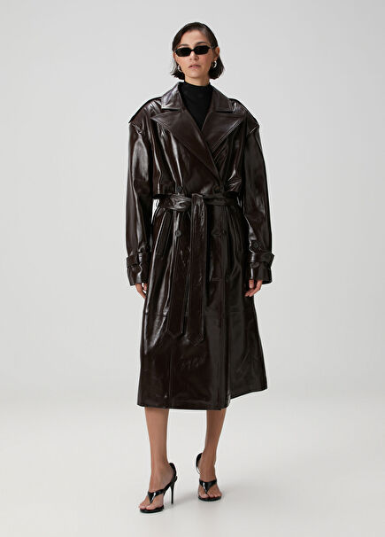 Brown Long Patent Leather Top Coat