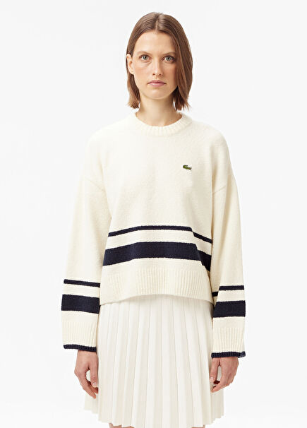 Classic Fit Krem Bisiklet Yaka Çizgili Uzun Kollu Kadın Kazak