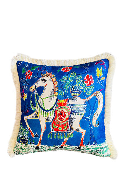 Beyaz At Desenli Kadife Dekoratif Kırlent Kılıfı 45 x 45 cm