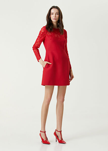 Mini Wool Dress With Red Lace Garnish