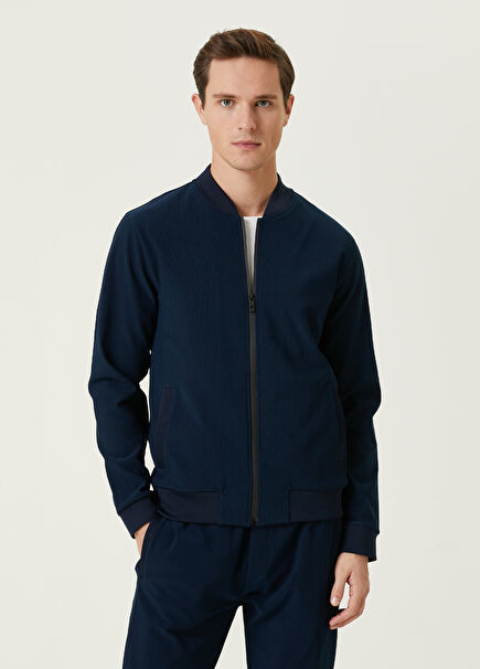 Navy Ottoman Textured Bomber Jersey Sweatshirt