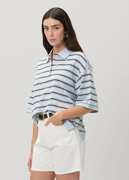 Oversized Mavi Çizgili Polo T-shirt