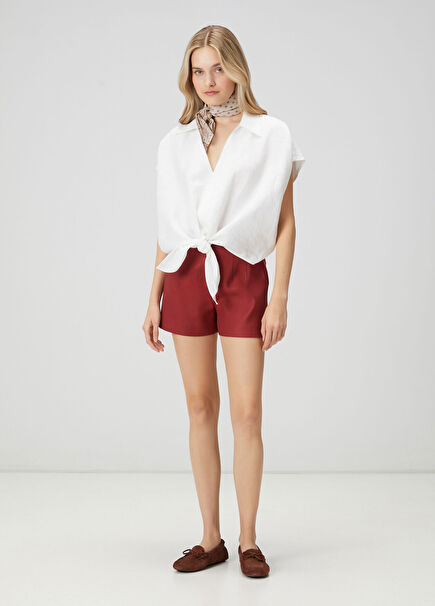 Kiremit Pens Detaylı Keten Şort