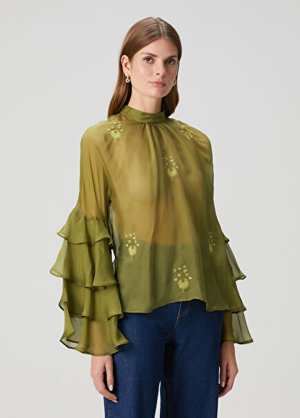 Moss Haki Nakışlı İpek Bluz
