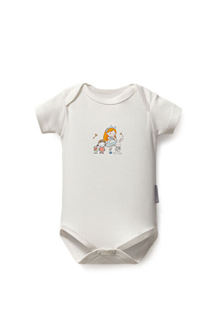 Alice Baskılı Beyaz Pamuklu Kız Bebek Body Zıbın