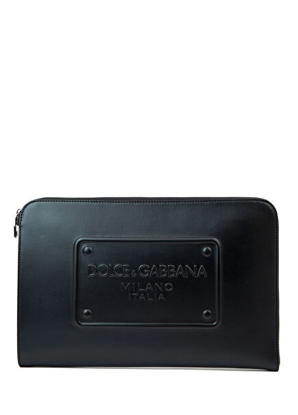 Black Logo Detailed Men's Leather Handbag