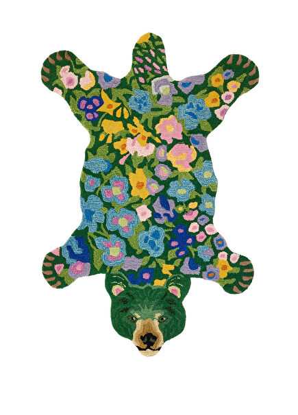 Josie Jardin Çiçek Desenli Ayı Figürlü Büyük Boy Yün Halı 145 x 97 cm