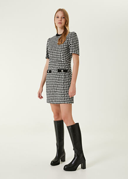Siyah Beyaz Kısa Kol Mini Tweed Elbise