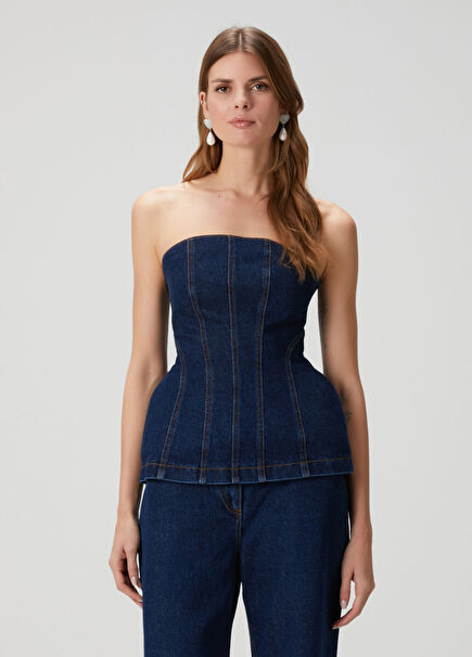 Lacivert Straplez Denim Bluz