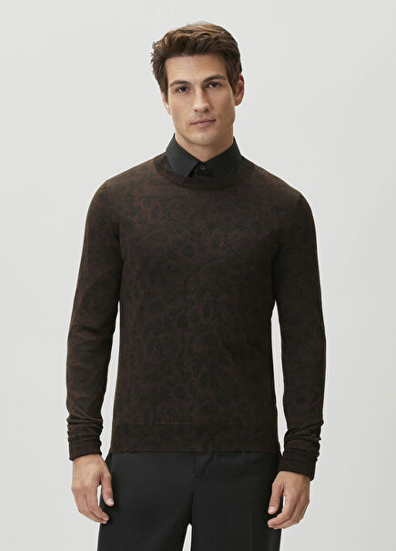 Brown Ethnic Jacquard Wool Sweater