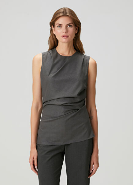 Dark Gray Draped Asymmetrical Wool Blouse