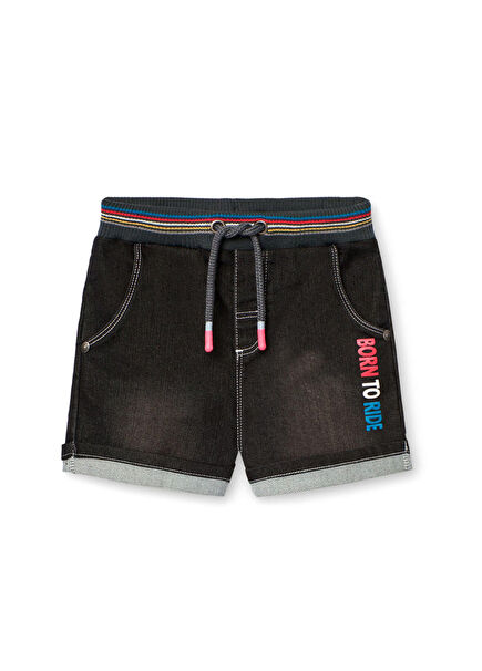 Siyah Denim Born To Ride Baskılı Erkek Çocuk Şort