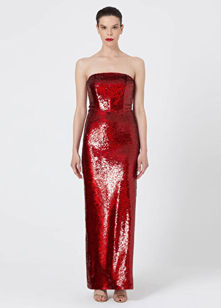 Red Hologram Sequined Strapless Women's Long Evening Dress