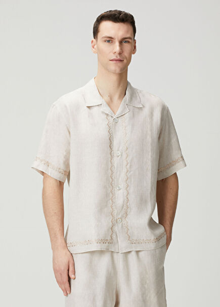 Pablo Bej Kısa Kollu Keten Gömlek