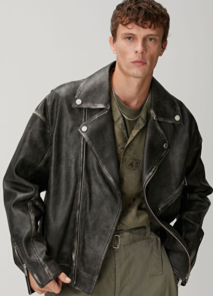 Anthracite Weathered Looking Leather Coat