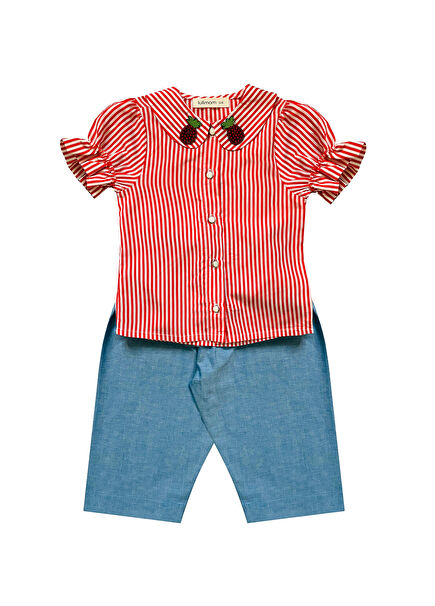 Red Striped Off-White Short Sleeve Shirt and Pants 2-Piece Girls Set