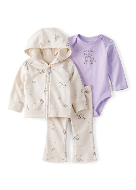 Ekru Kapüşonlu Hırka Pantolon ve Çıtçıtlı Body Kız Bebek 3'lü Set