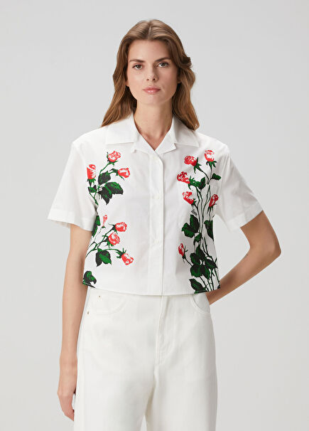 Beyaz Çiçek Baskılı Kısa Kol Gömlek