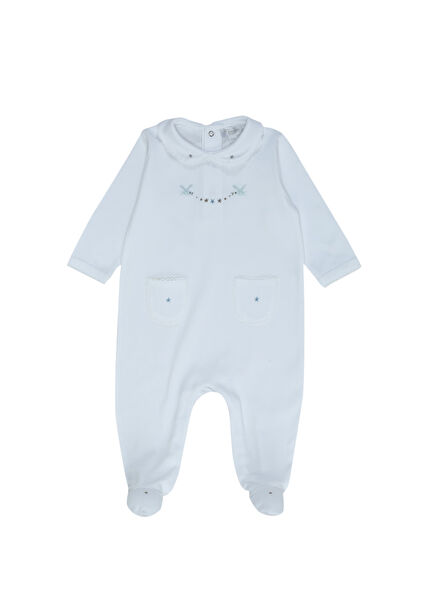 Pembe Kuş Nakışlı Erkek Bebek Tulum