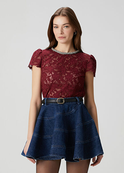 Bordo Taşlı Dantel Bluz