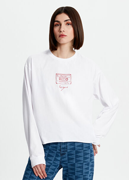 House Mix Beyaz Uzun Kollu Kadın T-Shirt