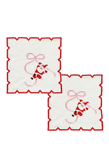 Santa Bow Kırmızı Keten 2'li Bardak Altlığı