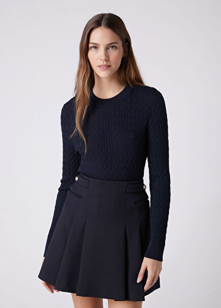 Navy Blue Basic Cable Knit Sweater