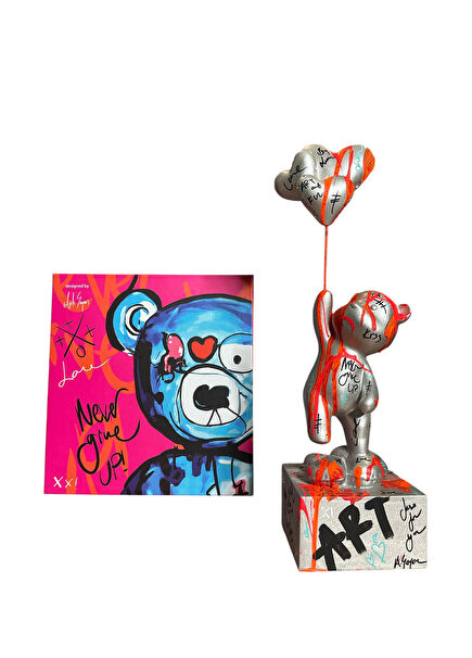 Ayakta Duran Balonlu Ayıcık Pop Art Gümüş Dekoratif Heykel