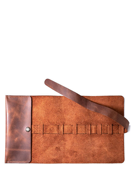 Perge Logo Detailed Tobacco Roll-Up Leather Pencil Case