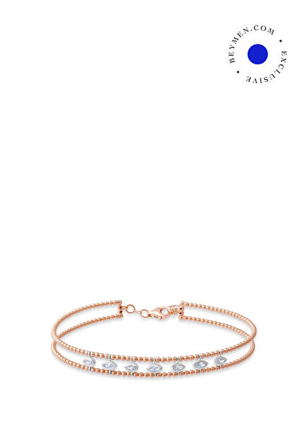 Luna Pırlanta Taşlı 14 Ayar Rose Gold Kadın Esnek Kelepçe Bileklik