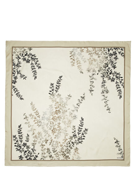 Beige Long Branch Floral Silk Scarf